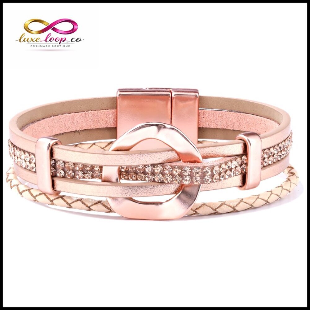 Leather Wrap Bracelet with Rhinestone Circle, Boho Stackable Cuff
